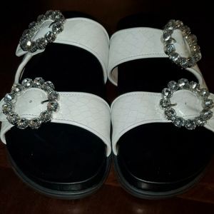 Schutz Sandasl Crystal Embellished Buckles White Leather Snake Look   9.5B